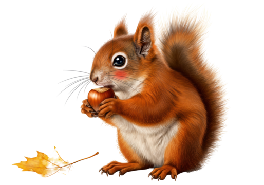 Cute red squirrel holding a nut isolated PNG, adorable animal with fluffy tail on transparent background