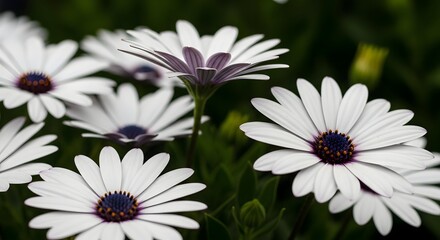 Closeup of white daisy flowers with purple centers in full bloom