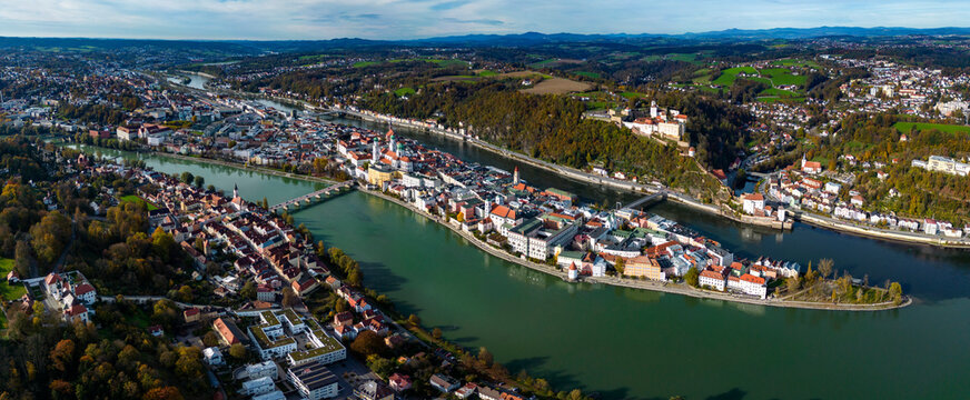 Aerial view around the old town of Passau in Germany on a sunny autumn day