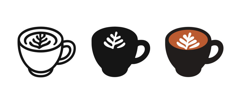 Minimal coffee mug icons featuring latte art in black and white styles