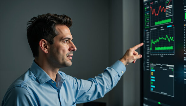 Man pointing at data on screen while analyzing financial graphs  