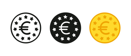 Fototapeta premium Euro coin icons: colorful, monochrome, and outline styles in modern design