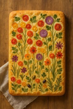 Vertical floral focaccia art with colorful vegetables and herbs