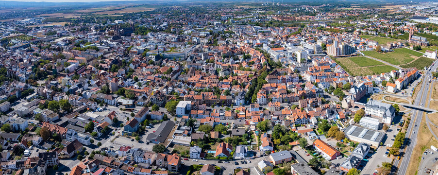 Aerial view around the old town of Worms in Germany on a sunny spring day