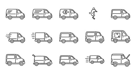 Collection of outline icons depicting delivery vans, including a person jumping and a van with a wrench.