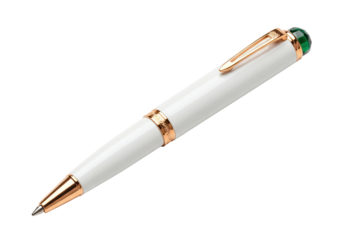 Elegant white and gold ballpoint pen isolated on transparent background, luxury writing instrument