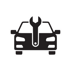 A car icon with a wrench on top in black and white representing auto repair and maintenance services