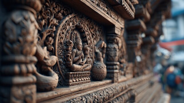 Detailed Wood Carvings of a Hindu Temple with Intricate Religious Motifs