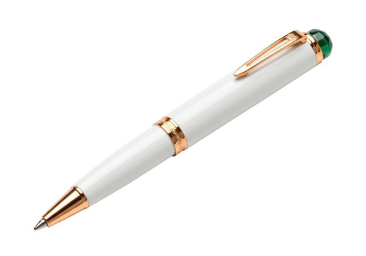 Elegant white and gold ballpoint pen isolated on transparent background, luxury writing instrument