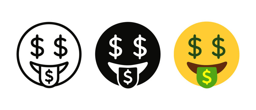 Money face emoji set: outline, silhouette, and colorful versions with dollar signs