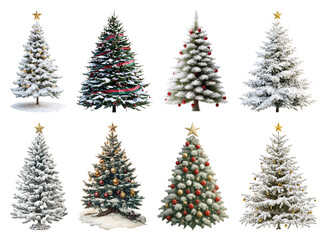 Fototapeta premium PNG Diverse snowy Christmas trees displayed, element set on transparent background