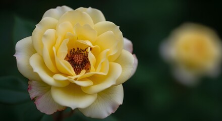 Closeup of a beautiful yellow rose in full bloom with blurred background
