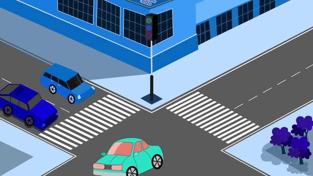 Car Accident at City Intersection, Animation of a car accident at an intersection with traffic lights