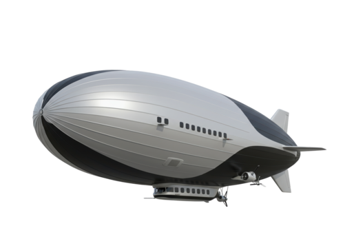 Silver and black zeppelin isolated on transparent background, vintage airship PNG format