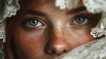 Intense gaze of a freckled redhead with a lace veil, a captivating portrait