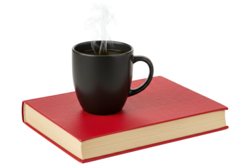 Black coffee mug with steam on red book isolated on white, reading and relaxation concept