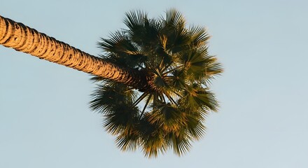 Looking up at a tall palm tree against a clear blue sky on a sunny day