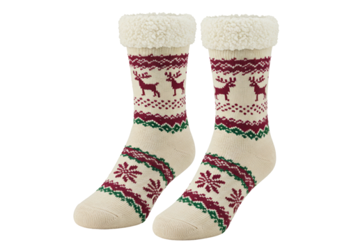 Pair of Christmas socks with reindeer pattern isolated on white, festive holiday apparel