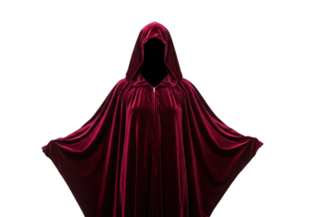 Dark red hooded cloak isolated on transparent background, velvet cape for Halloween costume