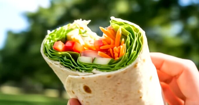 Fresh vegetable wrap held in hand, with greenery in the background