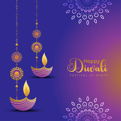 Indian festival of lights Happy Diwali, holiday Purple Background, Diwali celebration greeting card, abstract vector illustration design.	