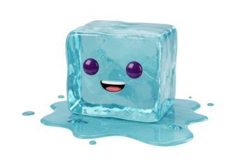 Cute ice cube cartoon character PNG isolated on transparent background, melting ice for summer