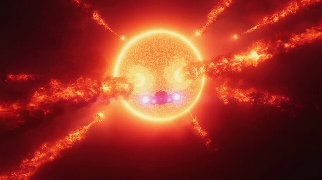 A spacecraft outruns a collapsing star, massive plasma eruptions chasing it, the camera tracking from behind