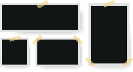Empty retro photo frames with ribbon. Vintage templates for scrapbook or memory album. Realistic vector illustration with white borders on white background.