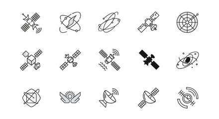 A collection of various satellite icons, illustrating space communication and technology.