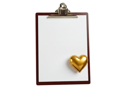 Clipboard with golden heart isolated on white, love and romance concept for Valentine s Day - Powered by Adobe