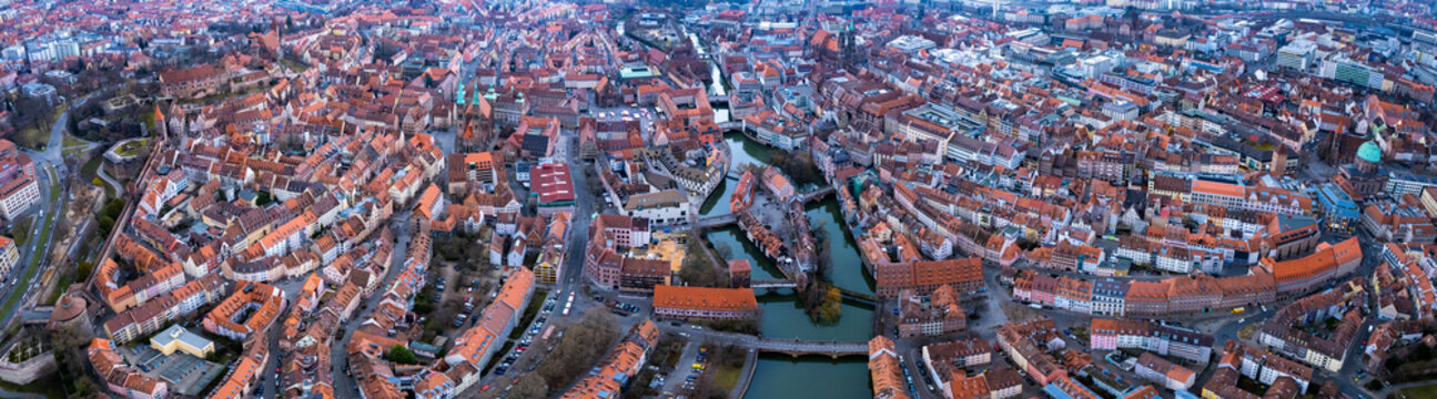 Aerial view around the old town of Nuremberg in Germany on a cloudy autumn day