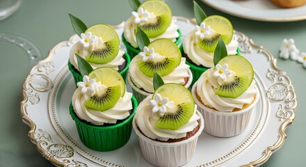 Delicious kiwi cupcakes with creamy frosting and fresh fruit topping on plate