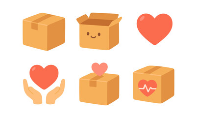 Cute box and heart icon set: smiling packages and love symbols