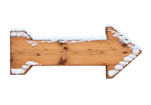 Wooden arrow sign covered in snow isolated on transparent background, winter direction indicator PNG