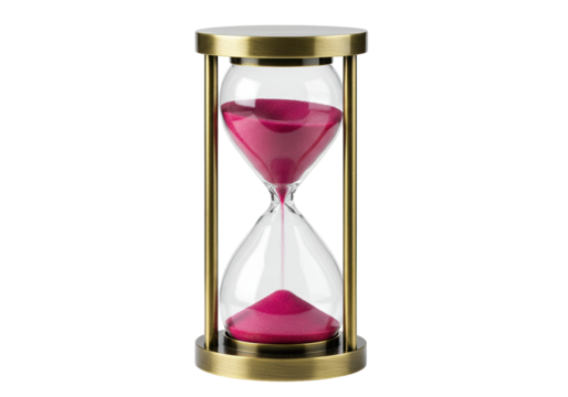 Hourglass with pink sand isolated on transparent background, time management concept