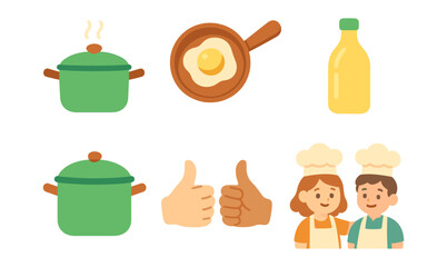 Flat style cooking elements and chefs: pans, pots, ingredients, and teamwork