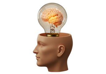 Human head with light bulb and brain inside isolated, concept of idea and innovation