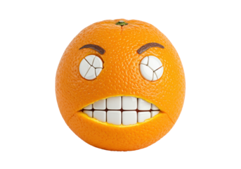 Funny orange with angry face isolated on transparent background, fruit character with teeth