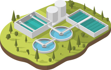 Isometric 3D illustration of wastewater treatment plant, clean water recycling system, sewage purification facility, eco-friendly infrastructure, sustainable environmental engineering design