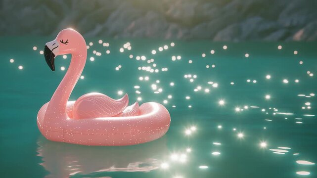 pink flamingos floating  in twinkling water, dreamy scene 