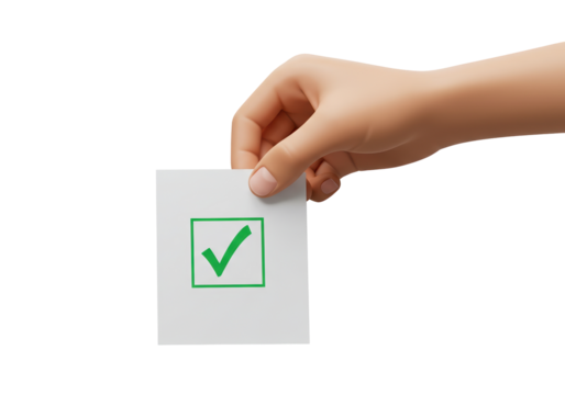 Hand holding a card with a green check mark isolated PNG, voting and election concept