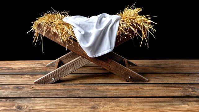 Manger scene set with hay and white cloth for a traditional nativity display during Christmas celebrations