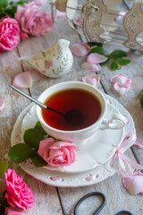 A cup of aromatic tea, a book and a rose on the table.