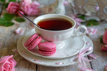 A cup of aromatic tea, a book and a rose on the table.