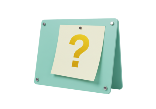 Question mark on a stand isolated PNG, yellow symbol on a light green board for education