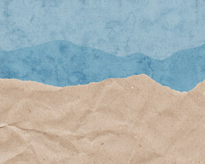 Torn Paper Collage Background with Blue Watercolor Texture in Neutral and Blue Tones