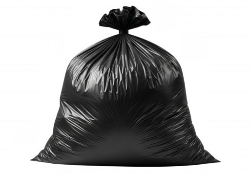 Black plastic bag tied shut isolated on a transparent background