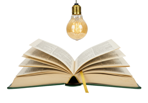 Open book with light bulb isolated on transparent background, concept of knowledge and education
