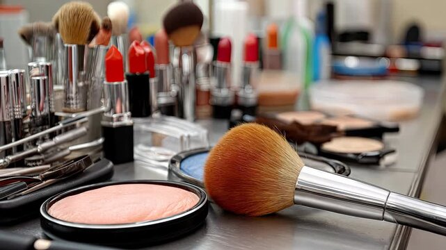 Explore the makeup artist's studio filled with brushes, powders, and vibrant palettes showcasing beauty tools and colors