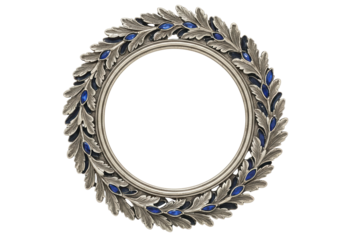 Silver laurel wreath frame with blue gems isolated on transparent background, decorative border PNG